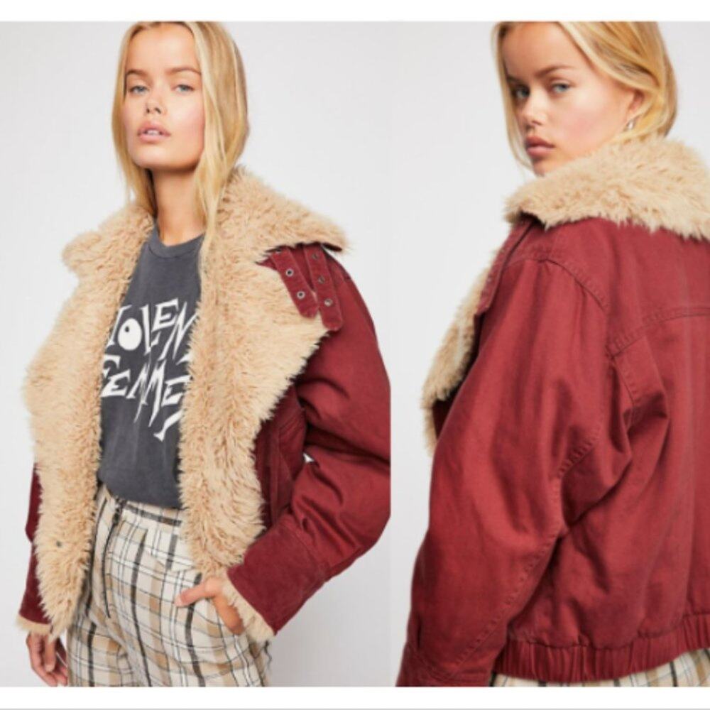 Free People Owens Sherpa Lined Red Denim Jacket